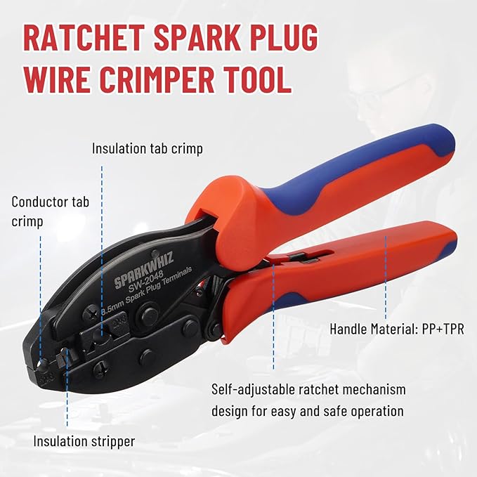 Ratchet Spark Plug Wire Crimping Tool Kit, 180 Degree/90 Degree/Straight Spark Plug Coil Terminals & 24PCS Boots, Ratcheting Wire Crimper Diameter 8.5-8mm (With Spark Plug Wires)