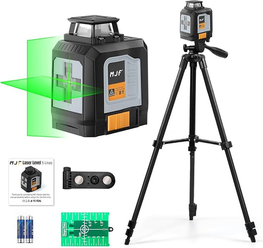 MJF 360° Laser Level with Tripod, Green Self Leveling Cross Line Laser Tool with 4 Brightness Adjustment for Floor Tile Wall Construction, L-Bracket, Batteries & Carry Bag Included