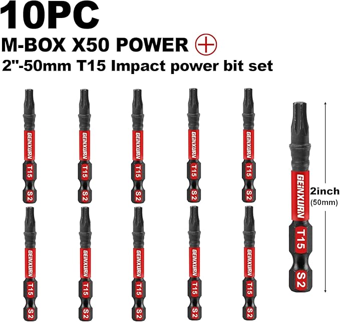 10Pieces 2 In. T15 Impact Tough Magnetic Screwdriver Bit Set, #15 Torx Head Power Bits, S2 Alloy Steel Star Bits with Storage M-Box