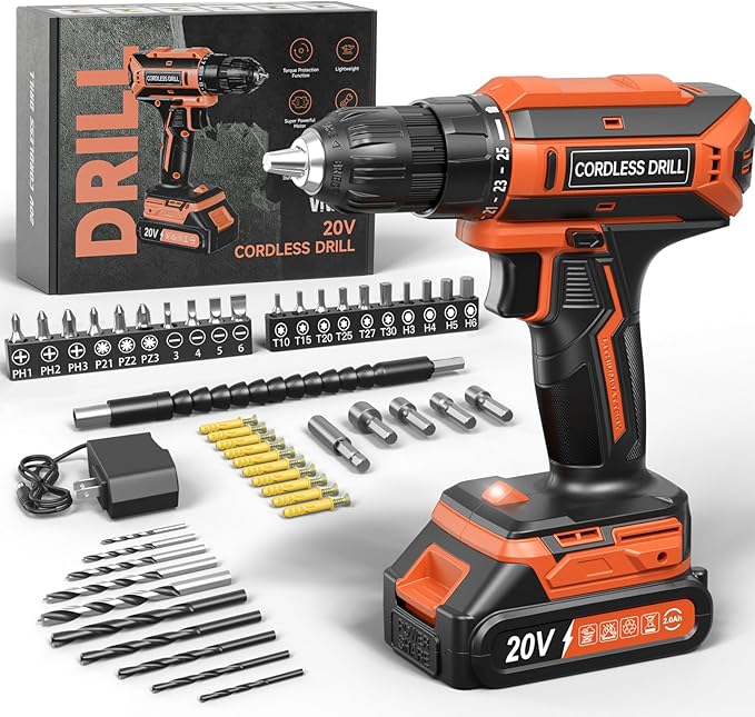 Cordless Drill, 20V MAX Power Drill Set with 2.0Ah Power Pack & Charger, 3/8 Inch Keyless Chuck, Variable Speed, 25+1 Position and 56PCS Bits/Screws, Power Tools for Home Projects