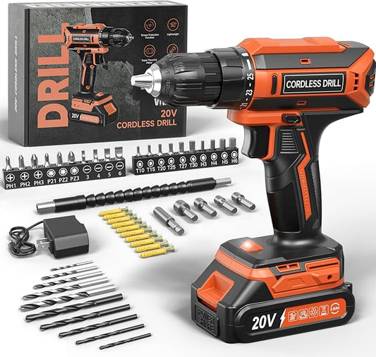 Cordless Drill, 20V MAX Power Drill Set with 2.0Ah Power Pack & Charger, 3/8 Inch Keyless Chuck, Variable Speed, 25+1 Position and 56PCS Bits/Screws, Power Tools for Home Projects