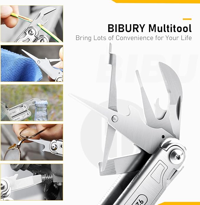 BIBURY Multitool BI2038A, 19-in-1 Stainless Steel Multi Tool with Fold-able Pliers, Screwdriver Sleeve, Scissors, Pocket Knife, Nylon Sheath, Muti-tool for Camping Survival Hiking Hunting Repairing