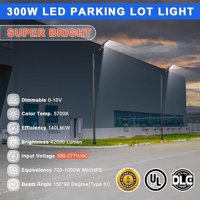 300W LED Parking Lot Light, 42000LM(140lm/w) LED Shoebox Area Light(1000W HID/HPS Equivalent), 5700K Dimmable Outdoor Commercial Street Lighting -10KV Surge Protection IP65 100-277V UL DLC Listed