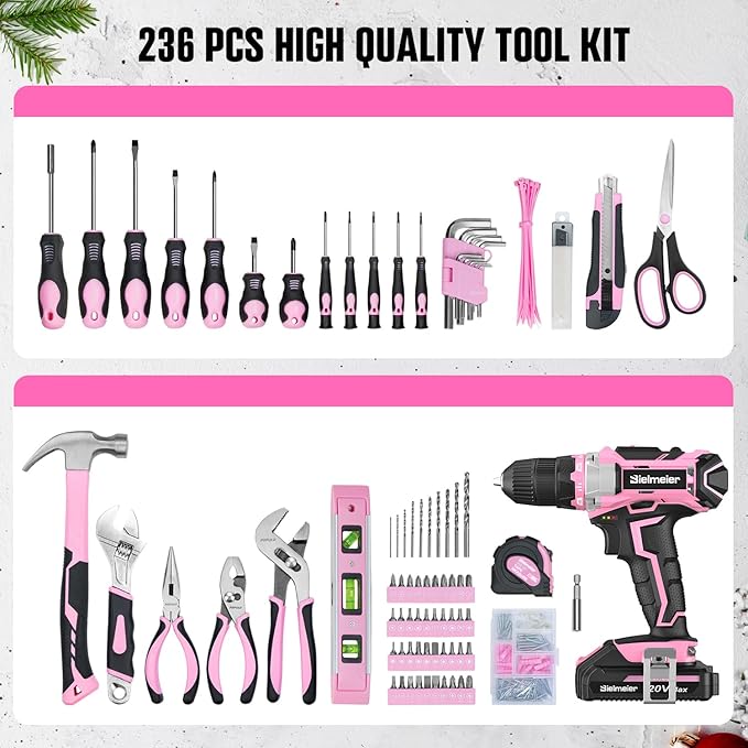 20V 236Pcs Cordless Pink Drill Set - Essential Women's Pink Tool Set, Lady's Basic Home Tool Kit with Pink Tool Bag - All in One Pink Tool Kit Ideal for DIY, Home Improvement