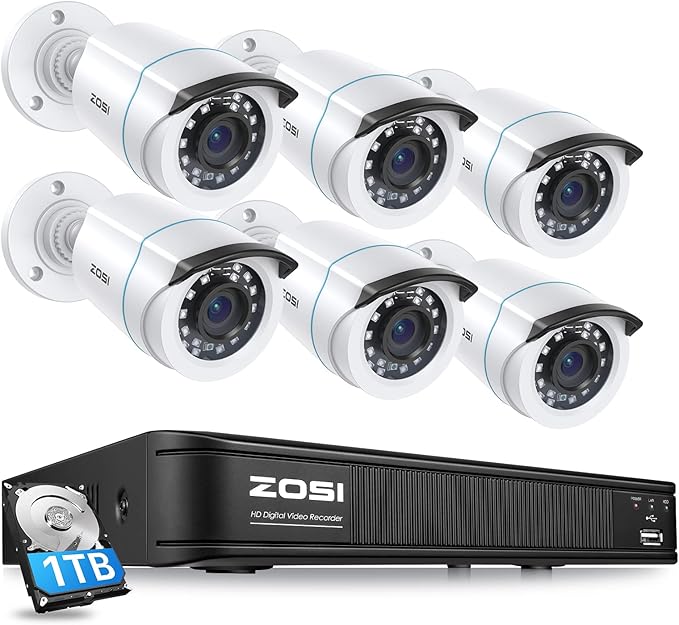 ZOSI 3K Lite Home Security Camera System with AI Human Vehicle Detection, 8CH DVR Recorder and 6 x 1080p Wired CCTV Bullet Cameras Outdoor Indoor, 80ft Night Vision, Remote Access (1TB Hard Drive)