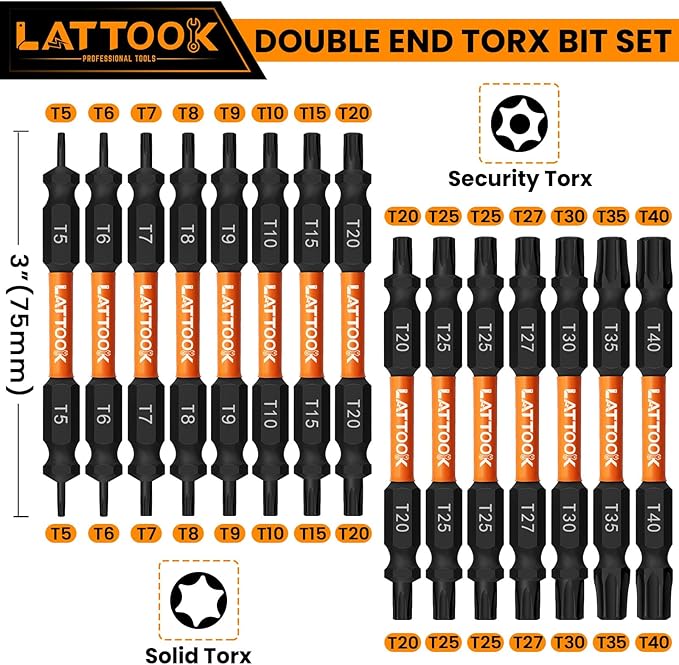 15-Piece Torx Bit Set, LATTOOK Double-ended Security Torx Bit Set Tamper Proof Star Bits, Magnetic S2 Steel, 3'' Long