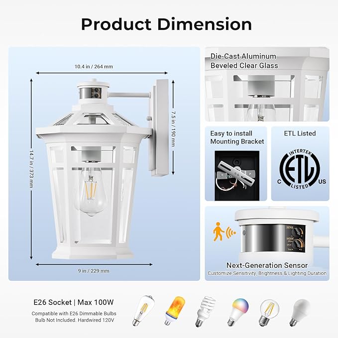 VIANIS White Large Adjustable Sensitivity Motion Sensor Outdoor Lights, Exterior Lighting Fixtures, Aluminum Outdoor Wall Light Waterproof Anti-Rust, Outdoor Lanterns for Front Porch Patio, Entryway