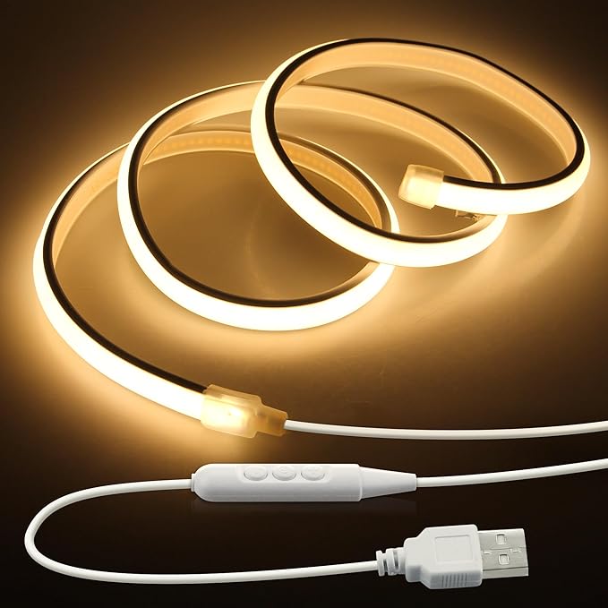 COB LED Strip Light 5V USB Powered 3.3FT/1M Dimmable LED Tape Light Warm White 3000K with Dimmer 320LEDs/M Flexible LED Rope Light Waterproof IP67 for Bedroom Cabinet DIY Indoor Decoration