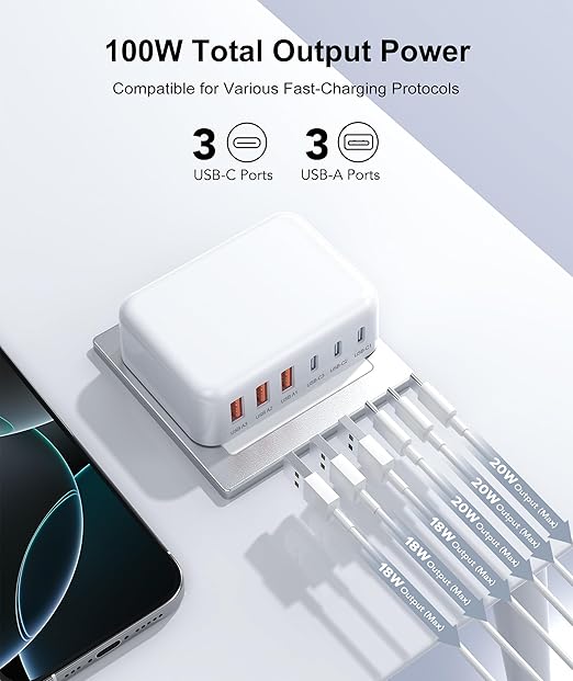 Fast Charger Block, GaN 6 Port USB C Charging Station Hub Cube, 100W Multiport Type C Wall Charger Power Strip Plug with PD 3.0+QC for iPhone 16 15 14 13 12 1 Pro Max XR XS 8 7, Samsung, iPad, Table