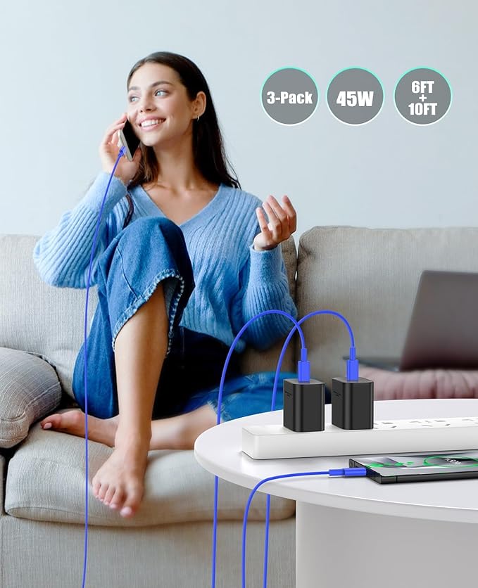 45W Super Fast Charger Type C for Samsung S24, USB C Android Phone Charger Fast Charging Block with 6FT/10FT Type C Charger Cord for Samsung Galaxy S24+ Ultra/S23+ Ultra/S22+ Ultra/iPhone 17/16-Blue