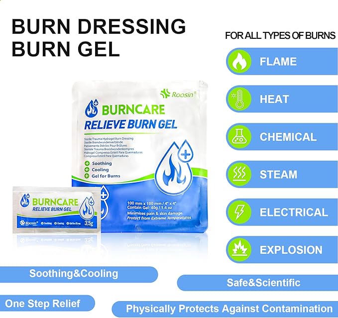 Burn Kit, 4pcs Burn Dressings 4x4”, 8pcs Burn Gel Packets 3.5g, 4pcs Burn Pads, First Aid Kit Cooling Soothing Cream Relief with Bandage, Nitrile Gloves, Scissors, Tape