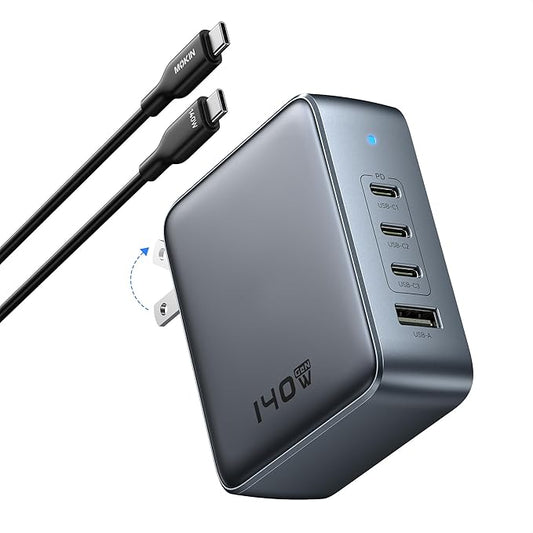 USB C Charger Block 140W, 4 Ports GaN Charger USB C Fast Charging Station Foldable Compact Wall Charging Power Adapter for MacBook Pro, iPhone 16/15, iPad, Galaxy, Steam Deck, Google Pixelbook