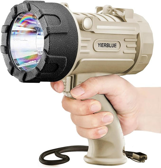 YIERBLUE Rechargeable Spotlight Flashlight with 99,000 High Lumen LED, IP67 Waterproof Long Running Spot Light searchlight, Impact Resistant Handheld Spotlight with Foldable Stand and Red Lens