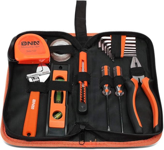 DNA MOTORING 16pcs Mechanic Home Repair Tool Set, Includes Pliers, Wrench, Hex Key, Screwdriver, Spirit Level,Tape Measurer, Mechanic repair set, w/Carrying Case, Orange/Black, TOOLS-00030
