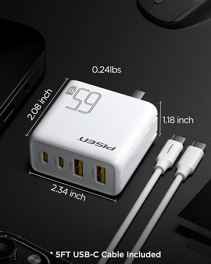 PISEN 65W USB C Fast Charger - 4FT USB-C Cable, 4-Port Compact Foldable GaN Charger, PPS for MacBook Pro/Air, iPad Pro, Galaxy S23, iPhone Series