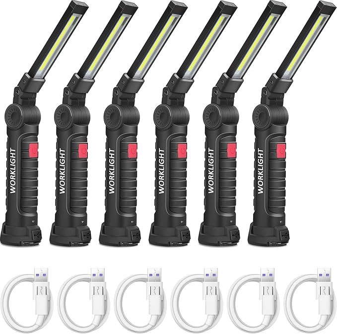 Mudder 6 Pcs Rechargeable LED Work Light with Magnetic Base 360° Rotate 5 Modes Flashlights for Car Repair Outdoor Father's Day Tool Gifts(Black)
