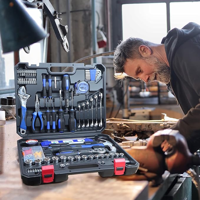 jar-owl 146-Piece Mixed Tool Set, Drive Socket Set, Auto Repair Tool Kit with Plastic Toolbox Storage Case