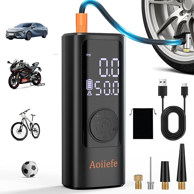 Tire Inflator Portable Air Compressor,150 PSI Mini Rechargeable Cordless Electric Air Pump with Auto-off for Car Tires,Motorcycle, Bicycle, Balls with Digital Pressure Gauge,LED Light