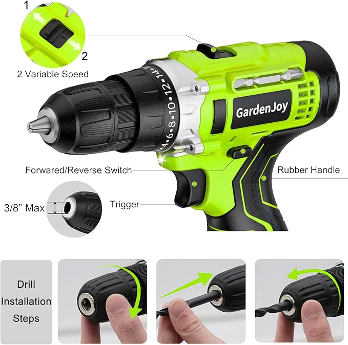 GardenJoy Cordless Power Drill Set: 12V Electric Drill with Battery and Charger, 65pcs Acessories, 3/8"Keyless Chuck, 2 Variable Speed, 24+1 Position, Compact Drill Driver Kit for Home & DIY Project