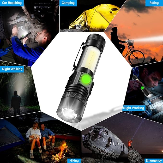 USB Rechargeable Flashlight, LED Magnetic Flashlights Super Bright Tactical Flashlights with Cob Sidelight Waterproof Zoomable 6 Modes USB Rechargeable for Camping Emergency