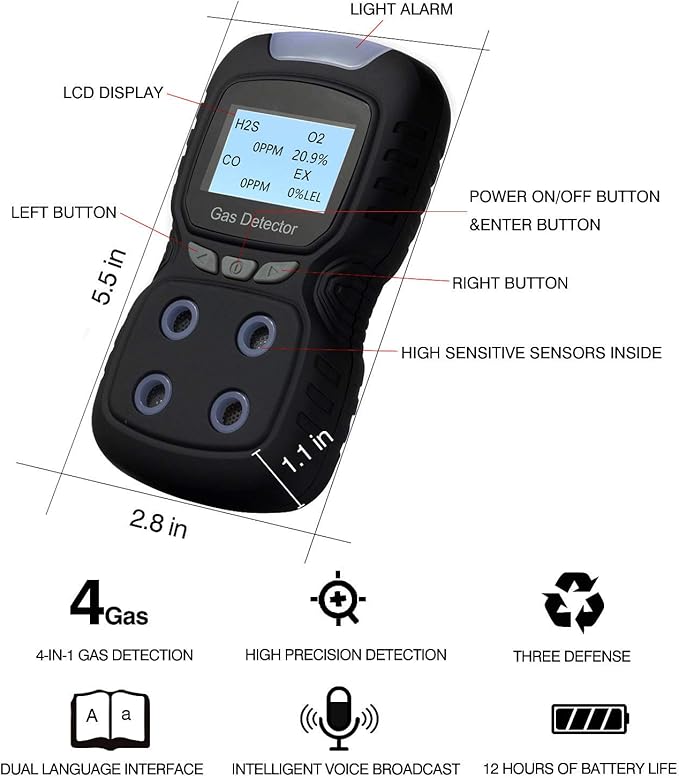 4 in 1 Gas Detector, Rechargeable Portable 4 in 1 Gas Clip 4-Gas Monitor Meter Tester Analyzer Sound Light Shock