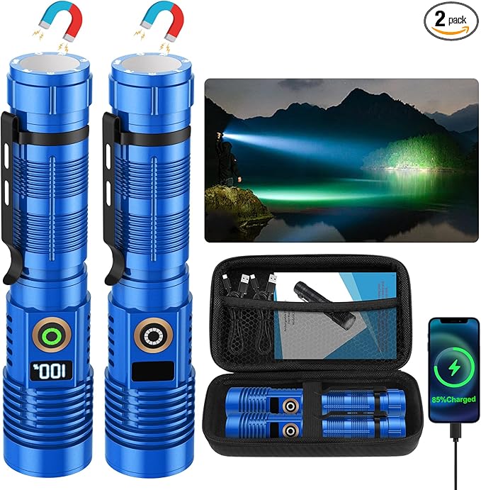 Rechargeable Flashlight High Lumens- Super Bright Magnetic Flash Light with Power Digital Display,Long Range,Dimmable,Waterproof,Pocket LED Flashlights for Emergency Camping 2PC Blue