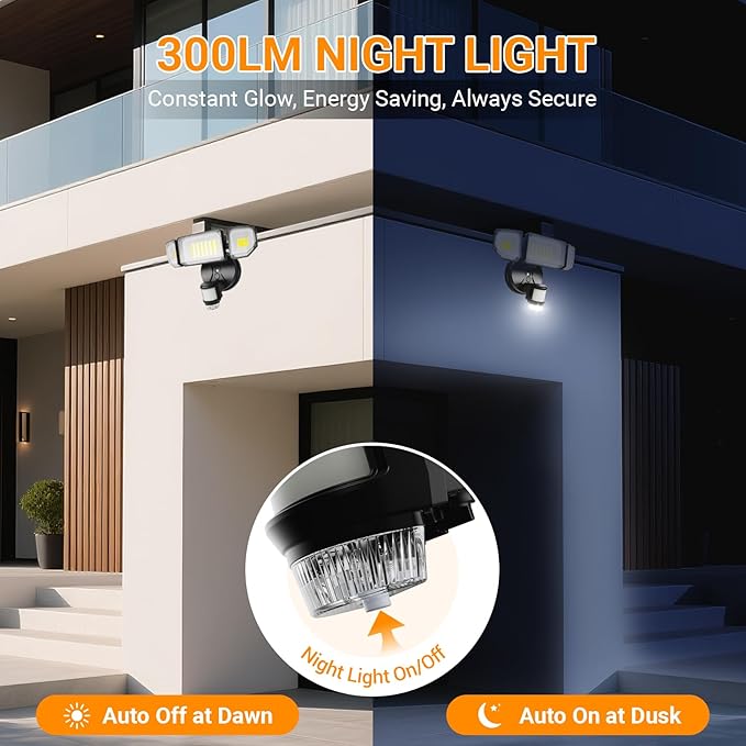 85W 9000LM LED Motion Sensor Outdoor Lights, 6500K Security Lights with Night Light, Dusk to Dawn, IP65 Waterproof, 4 Head Flood Light Motion Detected for Outside, Garage, Yard, Porch