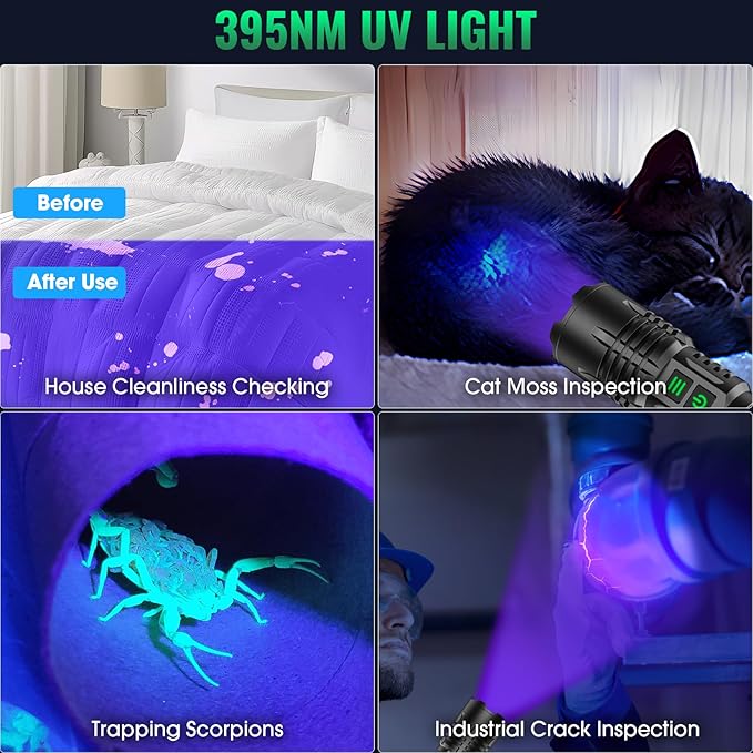 AdamStar UV&High Lumens Flashlight Rechargeable, 2-in-1 Powerful Blacklight LED Flashlight Tactical 6 Modes Super Bright Waterproof Zoomable Detector for Pet Urine Curing Resin Camping Emergencies