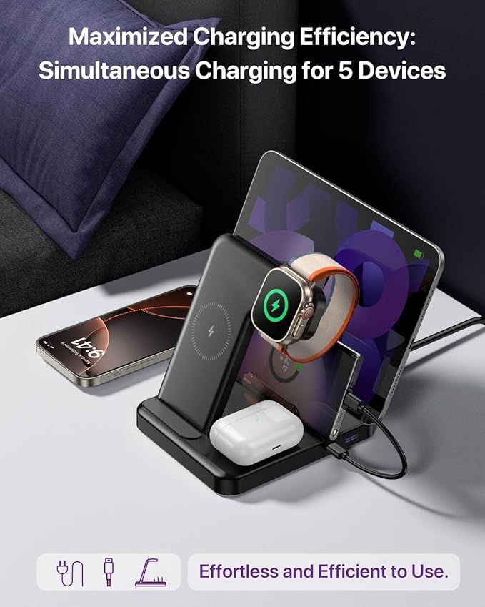Multiple Devices Charging Station, 5-in-1 Charging Station for iPhone 16e/16 Pro Max/Pro/Plus/15/14/13/12, iPad Pro/Air/Mini, Apple Watch and Airpods,Wireless Charging Dock(G805) (Lavender)