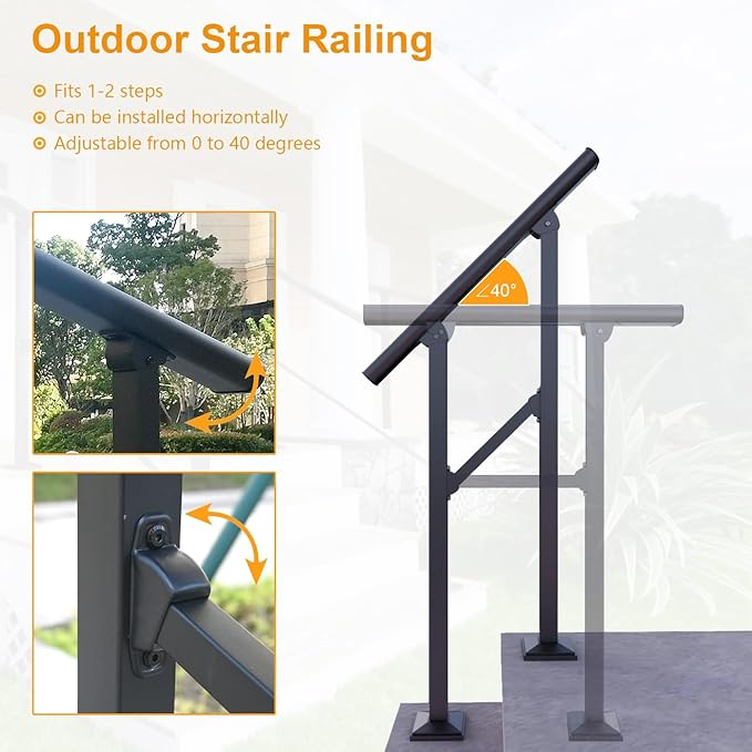 DIYHD 4 Step Handrail for Outdoor,Powder Coated Iron Stair Railing,Black Hand Rails for Indoor, Porch,Deck,2 Pack