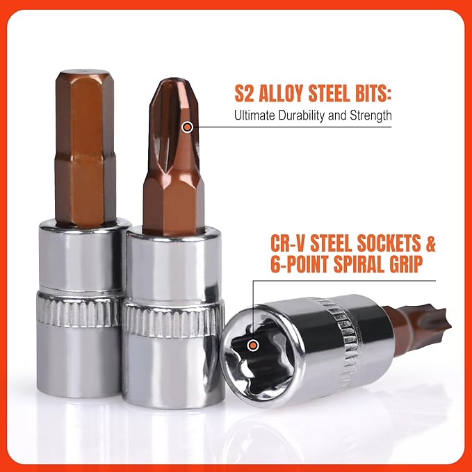 Egofine 28pcs 1/4 Inch Ratchet Socket Wrench Set, Drive Socket Set with 12 Sockets and 14 Bits, with Extension Bars