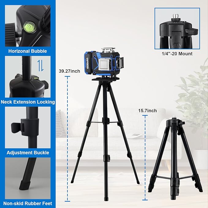 Laser Level with Tripod, AZZUNO 4x360 Laser Level 360 Self Leveling for Picture Hanging, Rotating Laser Covers Green Line Laser with 2x4800mAh Li-ion Battery, Ideal for Outdoor, Construction, Tile