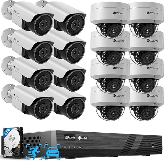 4COVR 16 Channel PoE Security Camera System, Human Vehicle Detection, Night Vision, 8 Dome IK10 Vandal-Proof 8 Bullet 8MP Wired IP Camera IP67 Commercial, 4K NVR 4TB HDD for Business, LYH54A8M1616-1