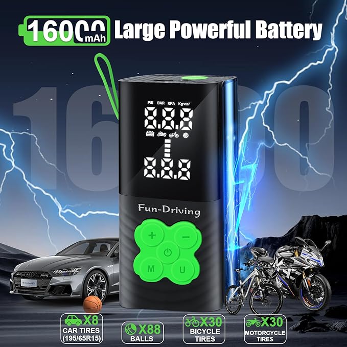 FUN-DRIVING Portable Air Compressor Tire Inflator Air Pump for Car Tires with Tire Digital Pressure Gauge 150PSI 16000mAh for Car, Bike, Motorcycle, Ball