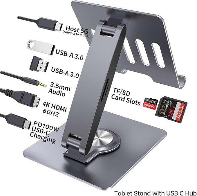 Adjustable Tablet Stand with USBC Hub 7-in-1, Aluminum Tablet Holder with Docking Station, 360° Swivel Base, 4K HDMI, 100W PD Charging, USB 3.0, SD/TF Reader, 3.5mm Audio, for iPad with USB-C Port