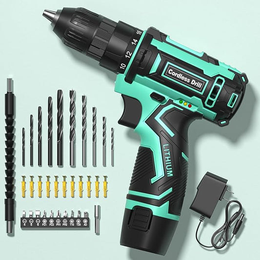 Cordless Drill Set,12V Power Drill Driver 3/8" Keyless Chuck with 42 Acessories, Built-in LED Light, 25+1 Position, Electric Drill for Home DIY Projects（Cyan）