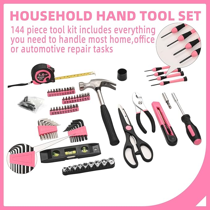 144-Piece Pink Tool Kit Basic Home Repair Tool Set General Household Hand Tool Kit Small Tool Kit with Plastic Toolbox Mini Tool kit for Women, Office & College Repairs