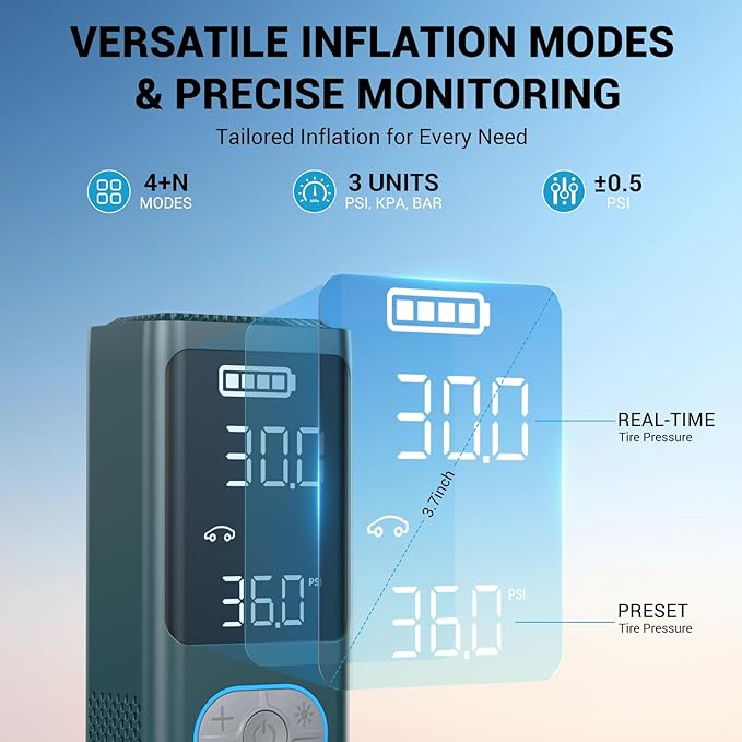 AVAPOW AP18 Tire Inflator Portable Air Compressor, 300% Faster 150 PSI Cordless Air Pump with Tire Pressure Gauge, 3.7″ Dual LCD Screen, Auto-Shuts Off Tire Pump for Car, Motorcycle, Bicycle, Cyan