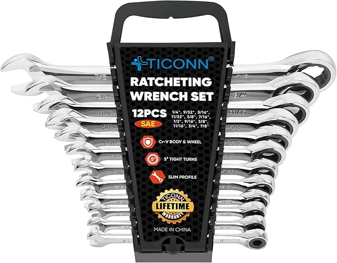 TICONN 12PCS Ratcheting Wrench Set, Professional Slim Profile Mechanic Cr-V Ratchet Wrench Set with Organizer Rack (12PCS Inch (SAE))