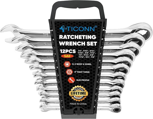 TICONN 12PCS Ratcheting Wrench Set, Professional Slim Profile Mechanic Cr-V Ratchet Wrench Set with Organizer Rack (12PCS Inch (SAE))