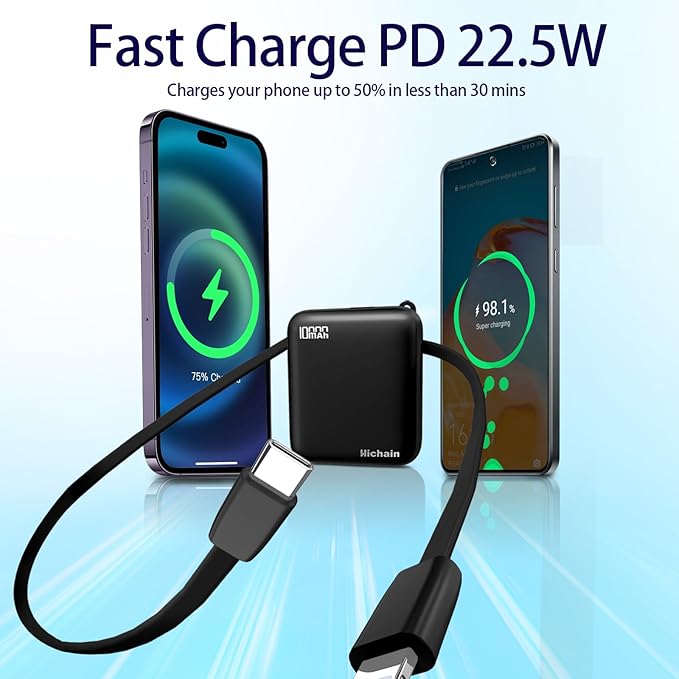 Hichain Small Portable Charger with Built in Cables LED Display, Mini Power Bank 10000mAh 22.5W USB-C Fast Charging Battery Pack, Travel Essential Power Bank for iPhone, iPad, Samsung, Android (Black)