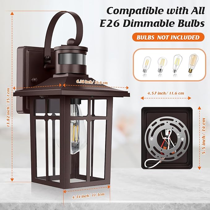 Bronze Porch Light 2-Pack, Motion Sensor Outdoor Lights, Aluminum Waterproof Outdoor Modern Wall Sconces, ETL Listed Dusk to Dawn Exterior Light Fixture for House, Garage, Porch, Front Door