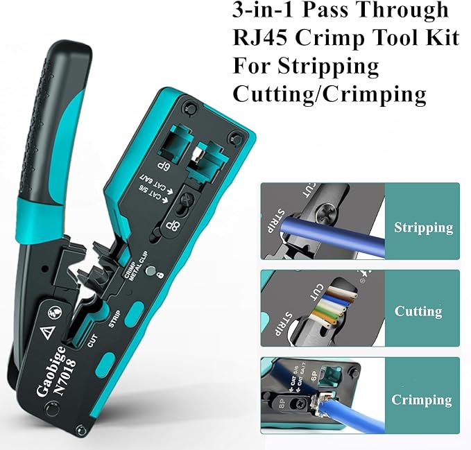 Network Tool Kit, Pass Through rj45 Crimp Tool Kit, Cat7 Cat6A Cat6 Cat5e Cat5 rj45 Crimping Tool with 50PCS cat6 Pass Through Connectors, Network Tester, Wire Cutter