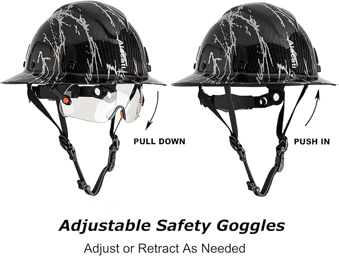 Carbon Fiber Hard Hat Full Brim with Goggles- Safety Helmet with 6-Point Adjustable Ratchet Suspension- ANSI Z89.1 Compliant