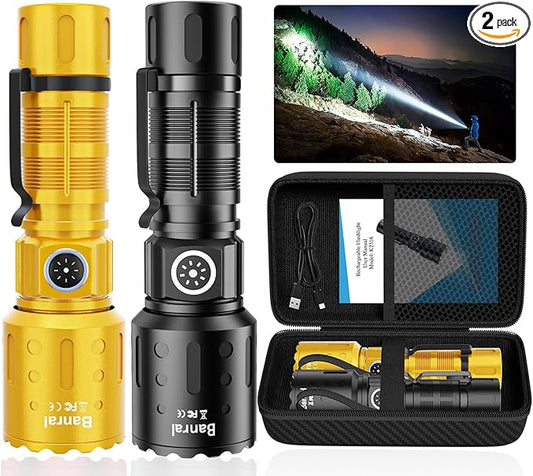 Flashlights High Lumens Rechargeable, Super Bright Long Range Small Powerful Flashlight, 6 Modes LED Tactical Pocket Waterproof Flash Light for Camping (2, Black/Gold)
