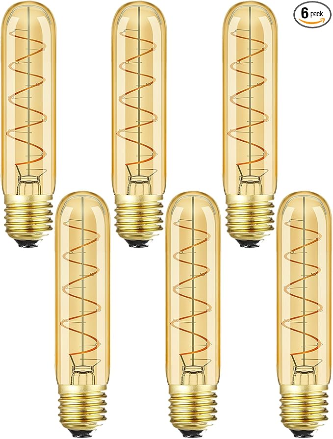 Leools Vintage T10 LED Edison Light Bulb Super Thin Filament, 40 Watt Warm Light Vanity Night Amber Bulbs, Dimmable Tubular Incandescent E26 LED Edison Bulb 40W Warm Warm 2200K, 6 Pack