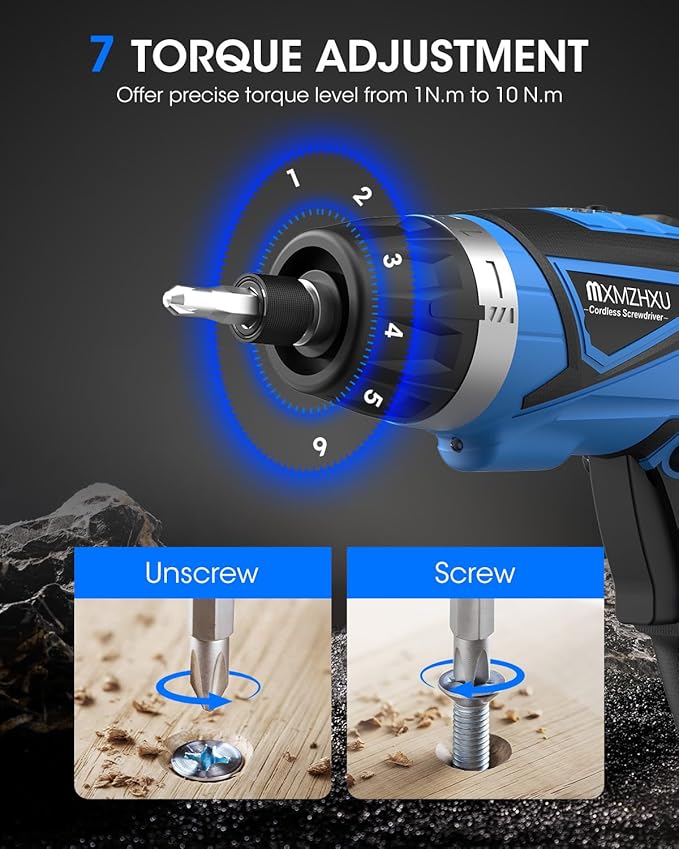 8V Cordless Screwdriver,6+1 Torque Max 10N·m Electric Power Screwdriver with 47 Accessories,180°Pivoting Handle, 2000mAh Rechargeable Screw Gun&Bit Set with LED Light, Flexible Shaft,for Home,Office