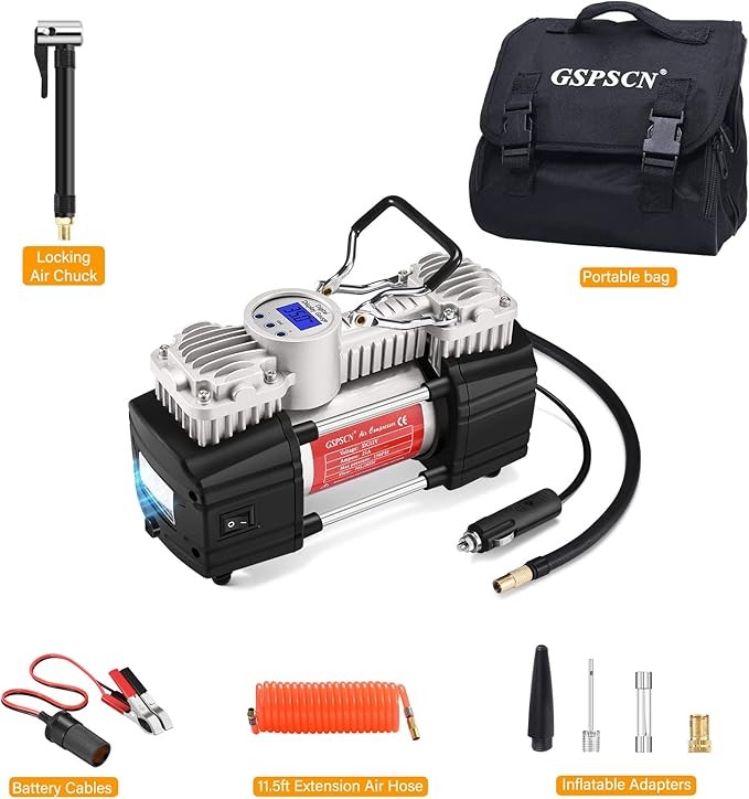 GSPSCN Portable 12V Air Compressor Pump Digital Display Tire Inflator with LED Flashlight, Heavy Duty Dual Cylinder Tire Pump 150 PSI with Locking Air Chuck for Auto,SUV,Off-Road,Truck,RV,Bike etc