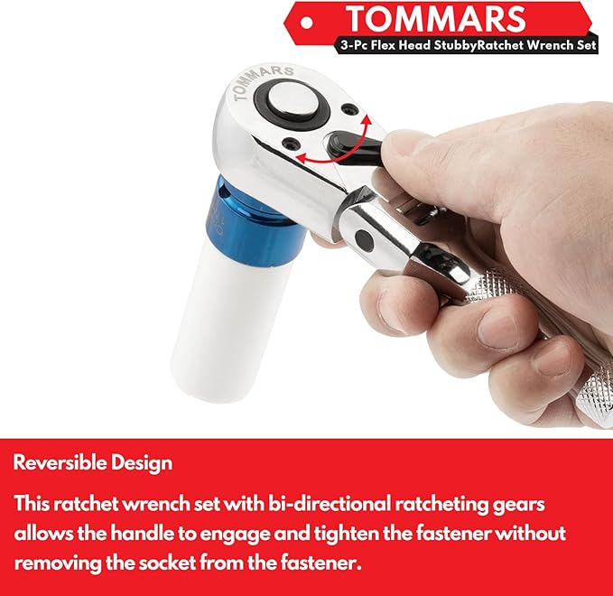 TOMMARS Flex-Head Stubby Ratchet Set, 1/4", 3/8", 1/2" Drive Flexible Mini Small Ratchet Handle Wrench 72-Tooth Quick-Release Reversible