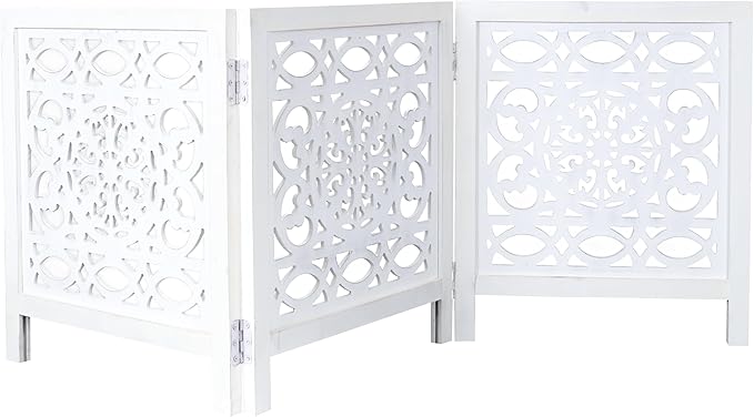 Wooden Freestanding Foldable Dog Gate – 3 Panels, Extra Wide, 24'' Height, Decorative Pet Gate for Doorways, White